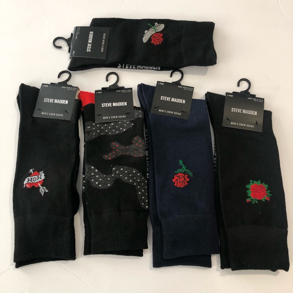 Steve Madden Men’s Crew Socks Lot Bundle Of 5 Black Novelty Size 6-12.5 NWT